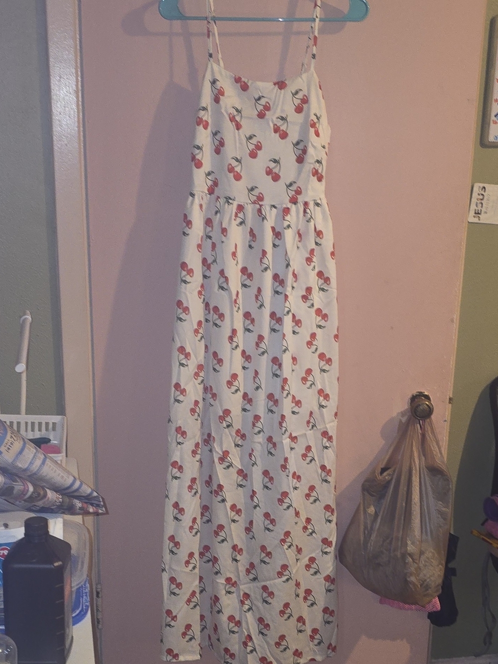 NWT Endless Moon White Cherry Print Maxi Dress Square Neck Smocked Size Small